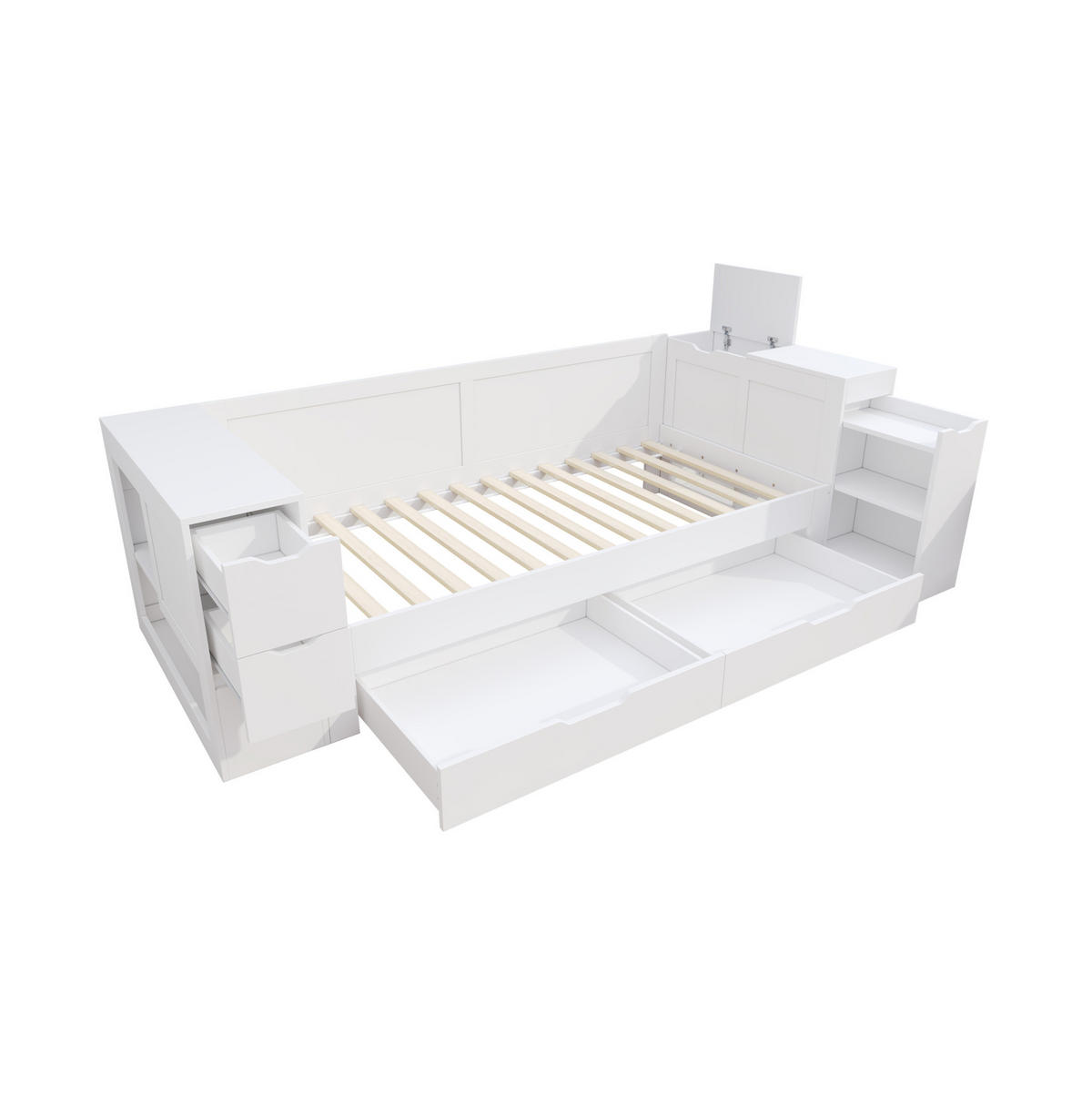 DJEČJI krevet od MDF-a 90x190 cm bijela s ladicama, bočnim prostorom za odlaganje i kliznim noćnim ormarićem - bijela, drvni materijal (90/190cm) - Modfu