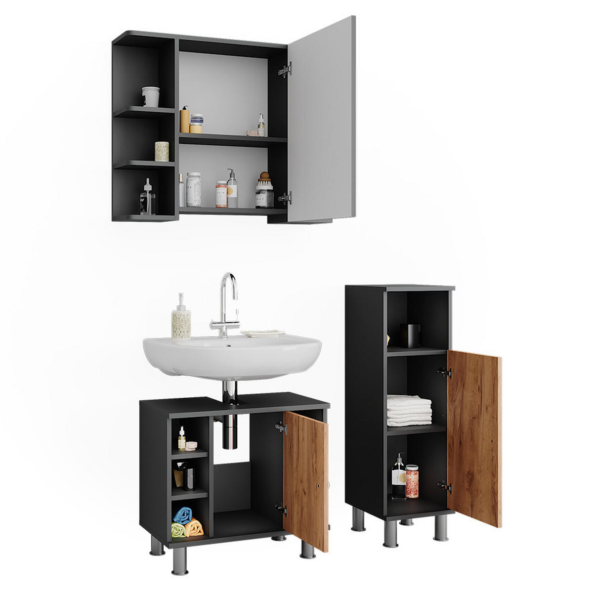 BADMÖBEL-SET Fynn Anthrazit/Goldkraft Eiche 3 Teile mit Midischrank - Honigeiche/Anthrazit, Holzwerkstoff (60/54/32cm) - Vicco