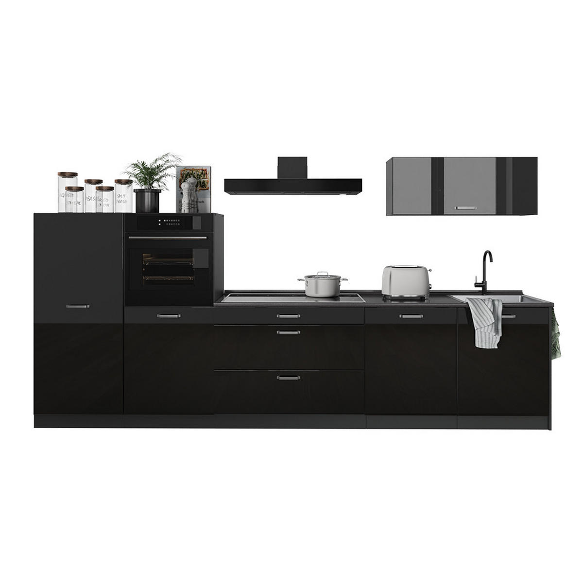 KUCHYŇSKÝ KOUT R-Line, Černý vysoký lesk/Antracit, 340 cm pracovná doska Dub Goldkraft - antracitová/vysoce lesklá černá, kompozitní dřevo (340/143/60cm) - Vicco