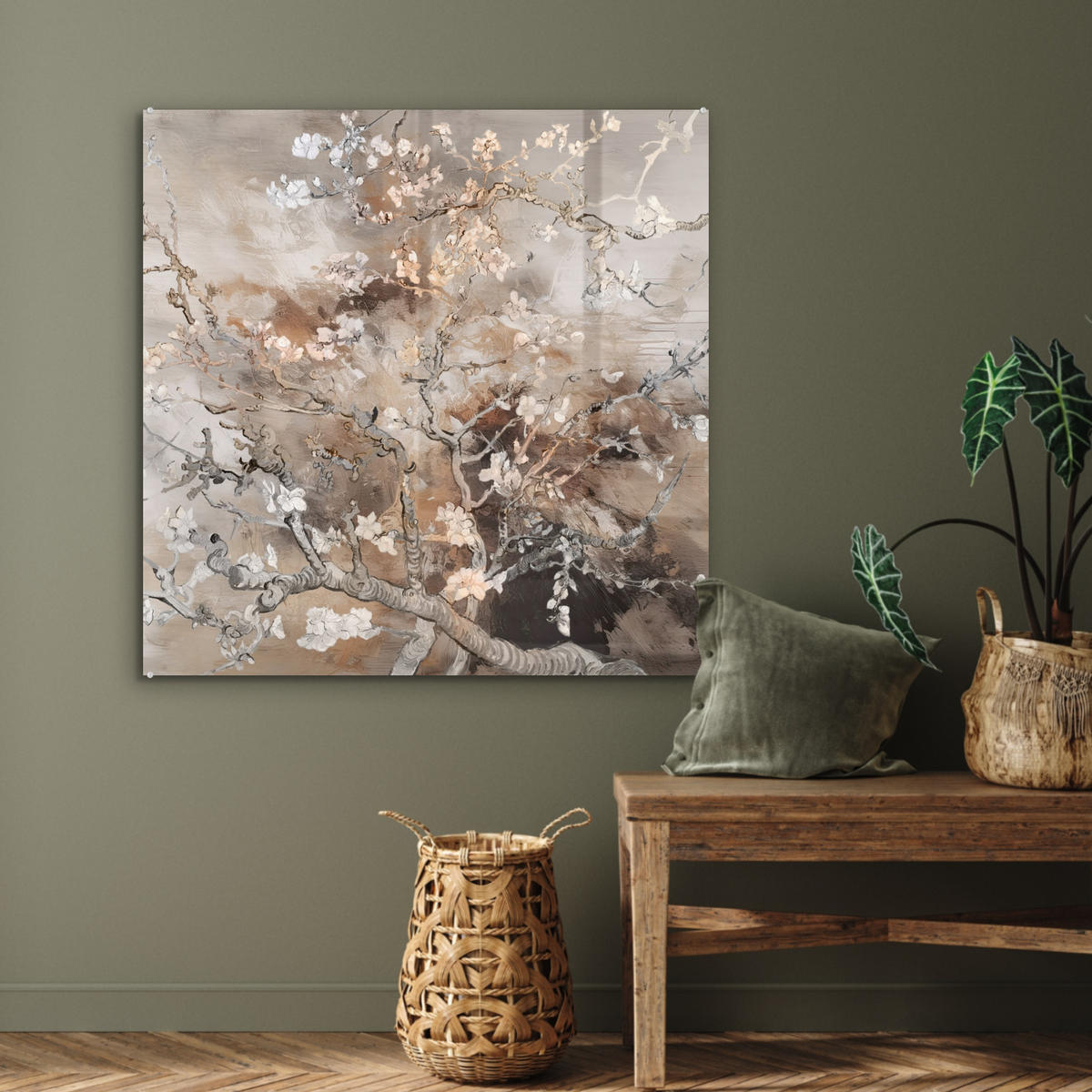 ACRYLGLASBILD Mandelblüte - Kunst - Van Gogh - Beige - Abstrakt 90x90 cm - Braun, Glas (90/90cm) - MuchoWow