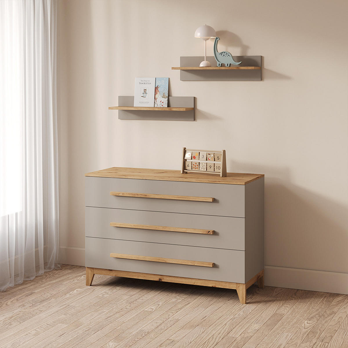 WICKELKOMMODE Mailo Cashmere/Artisan XL mit 3 Schubladen - Kaschmir/Eiche Artisan, Holzwerkstoff (133/98/70cm) - Livinity®