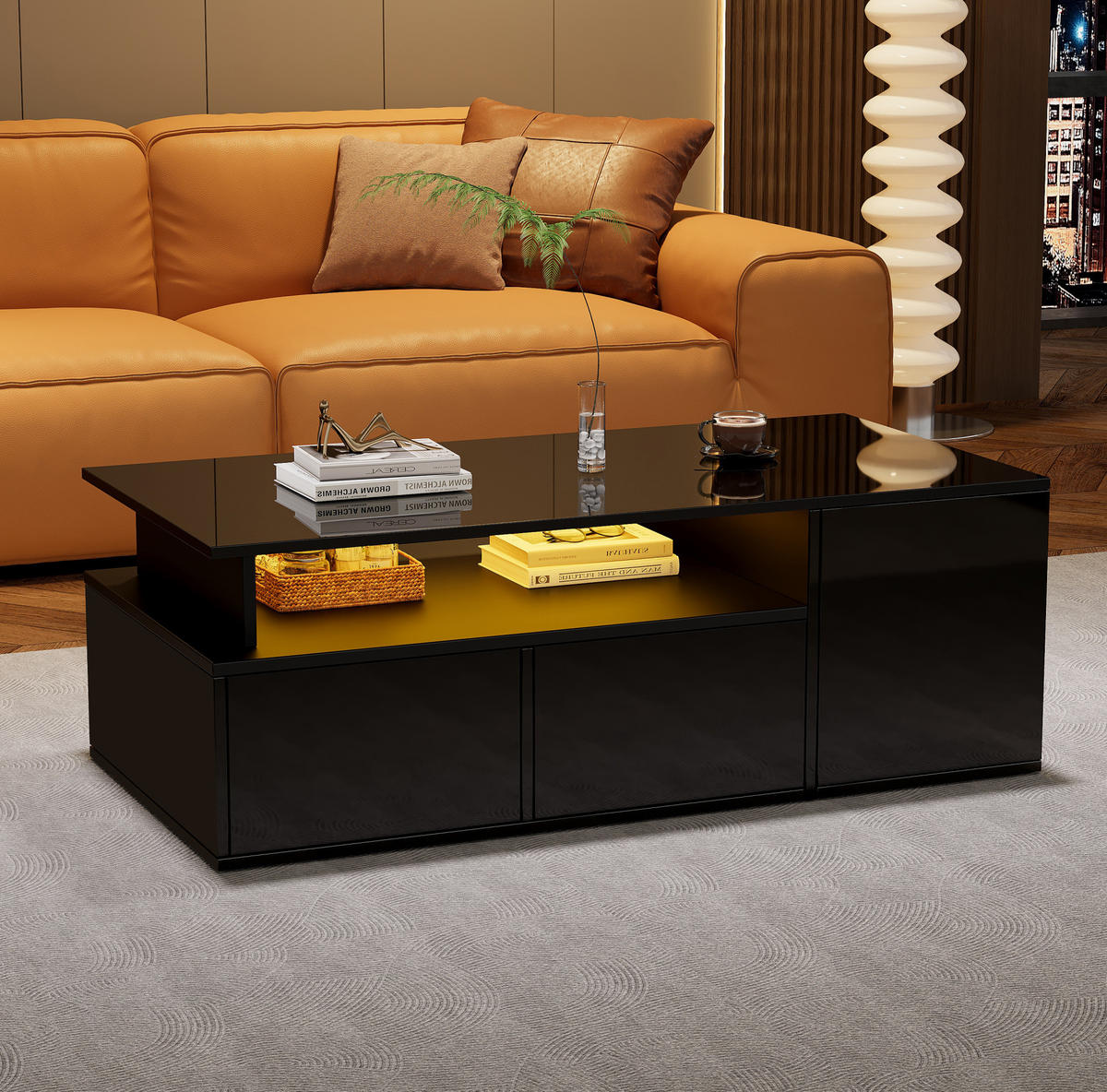 COUCHTISCH 100/50/35 cm mit LED-Beleuchtung, 2 Schubladen und 3 Ebenen in Hochglanz, Schwarz - Schwarz, Holzwerkstoff (100/50/35cm) - Redom