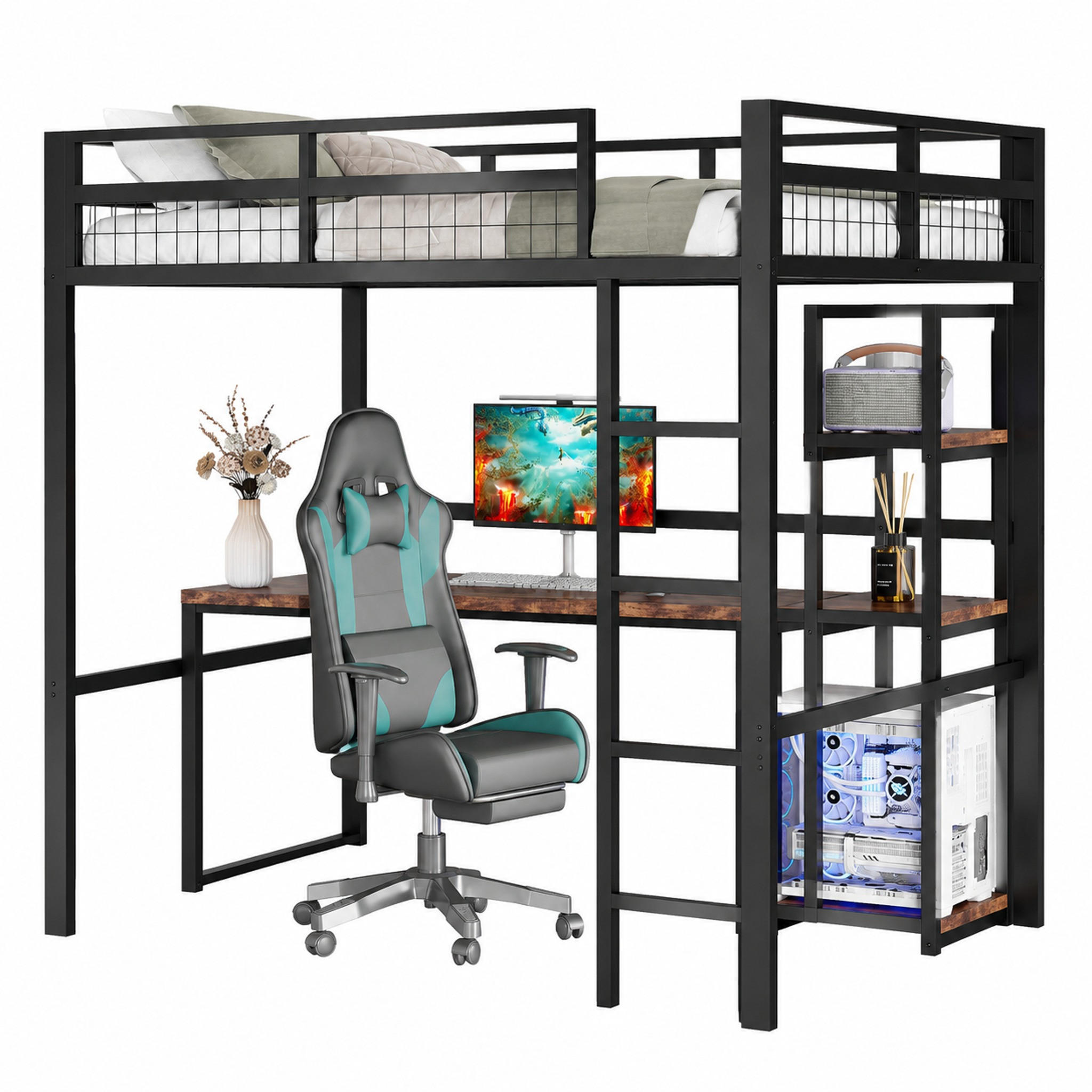 HOCHBETT mit Schreibtisch 140x200 cm Metall Schwarz 2er-Regal - Schwarz, Metall (140/200cm) - Meubliv