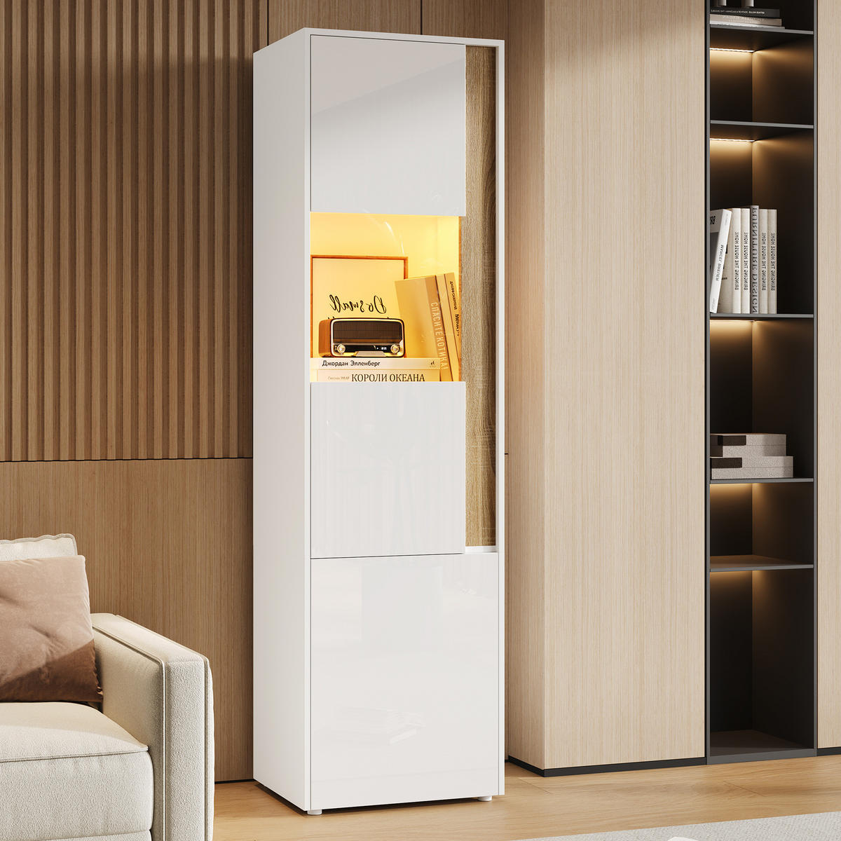 VITRINE aus Spanplatte und Acryl 50x40x179 cm Weiß/Natur mit LED-Beleuchtung - Naturfarben, Holzwerkstoff (50/179/40cm) - IVMEU
