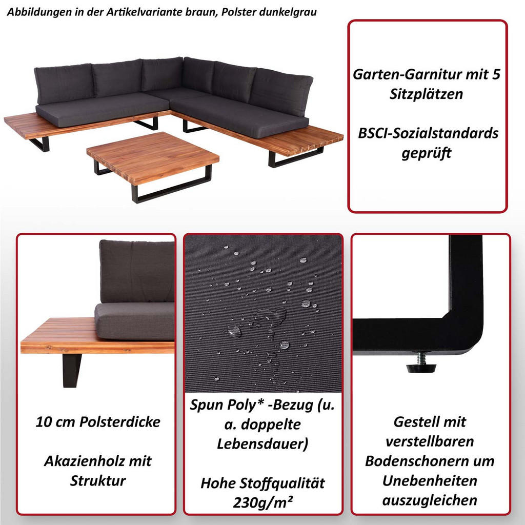 Thumbnail - MCW Garten-Garnitur, Schwarz, Braun, Hellgrau, Holz, Loungemöbel, Loungemöbel-Sets