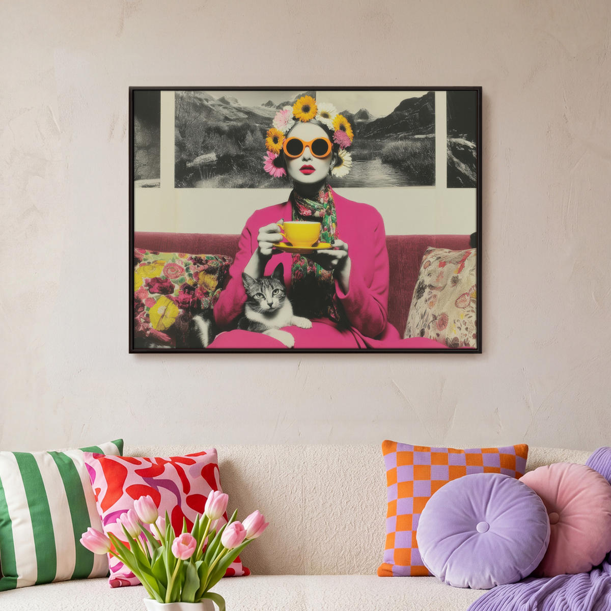 LEINWAND Bilder mit Rahmen - Frau - Katze - Blumen - Tasse - Retro - 70x50 - Magenta, Textil (70/50cm) - MuchoWow