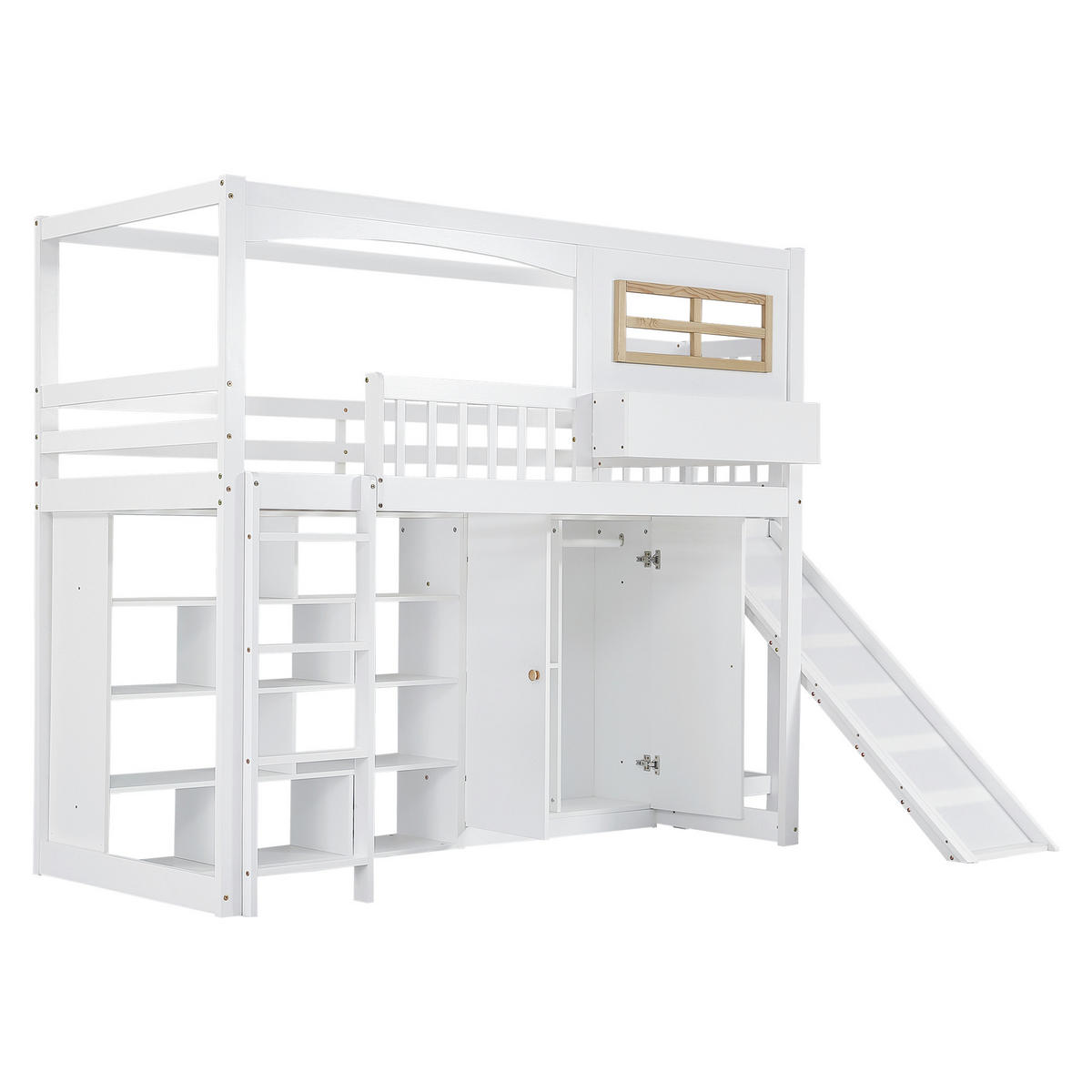 ETAGENBETT 90x200 Liegefläche mit Rutsche, Kleiderschrank und Regal, vierseitiger Fallschutz, weiß-natur - Weiß, Holz (90/200cm) - Luhomfu