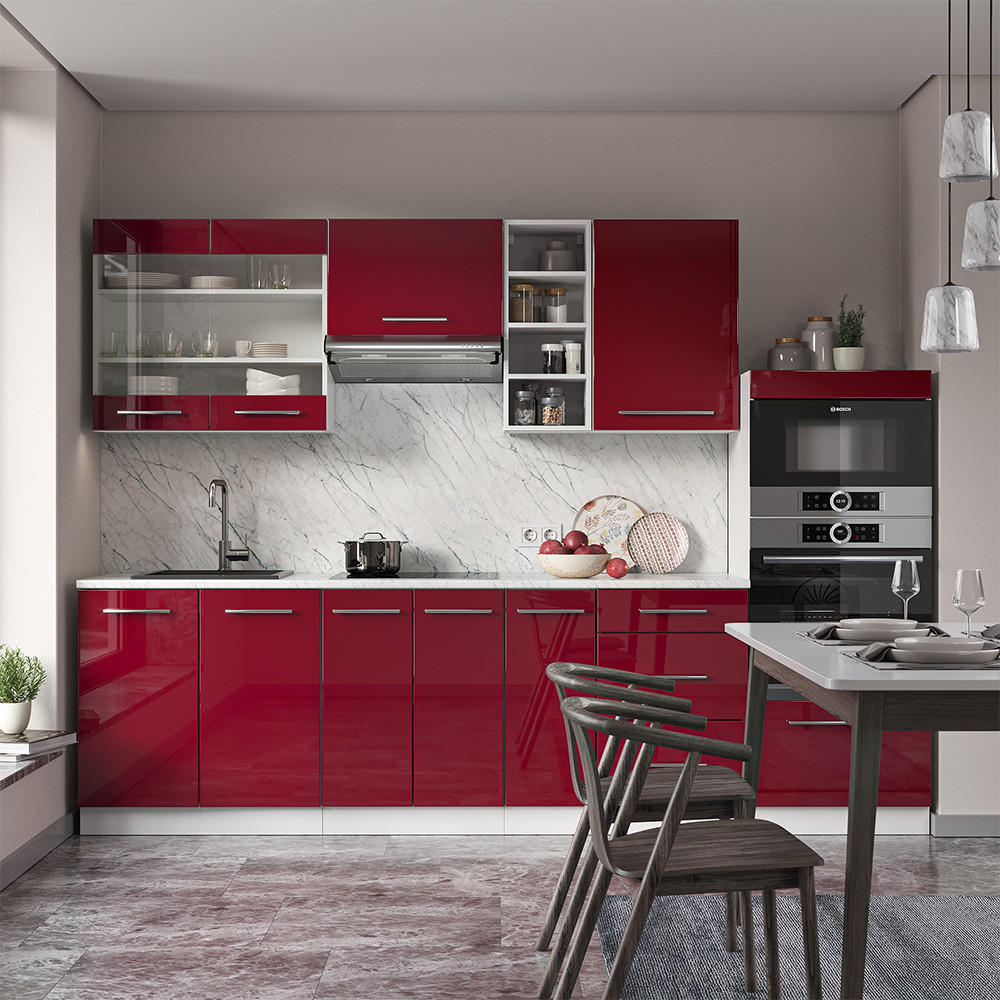 KÜCHENZEILE Fame-Line Bordeaux Hochglanz/Weiß 280 cm, AP Anthrazit - Bordeaux/Weiß, Holzwerkstoff (280/81.6/60cm) - Vicco