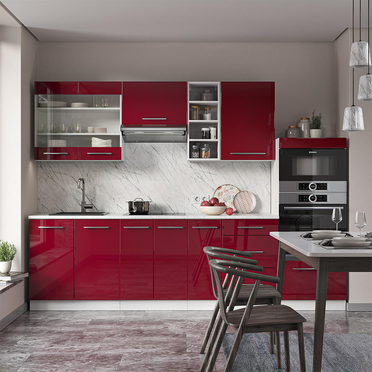KÜCHENZEILE Fame-Line Bordeaux Hochglanz/Weiß 280 cm ohne AP - Bordeaux/Weiß, Holzwerkstoff (280/81.6/46cm) - Vicco