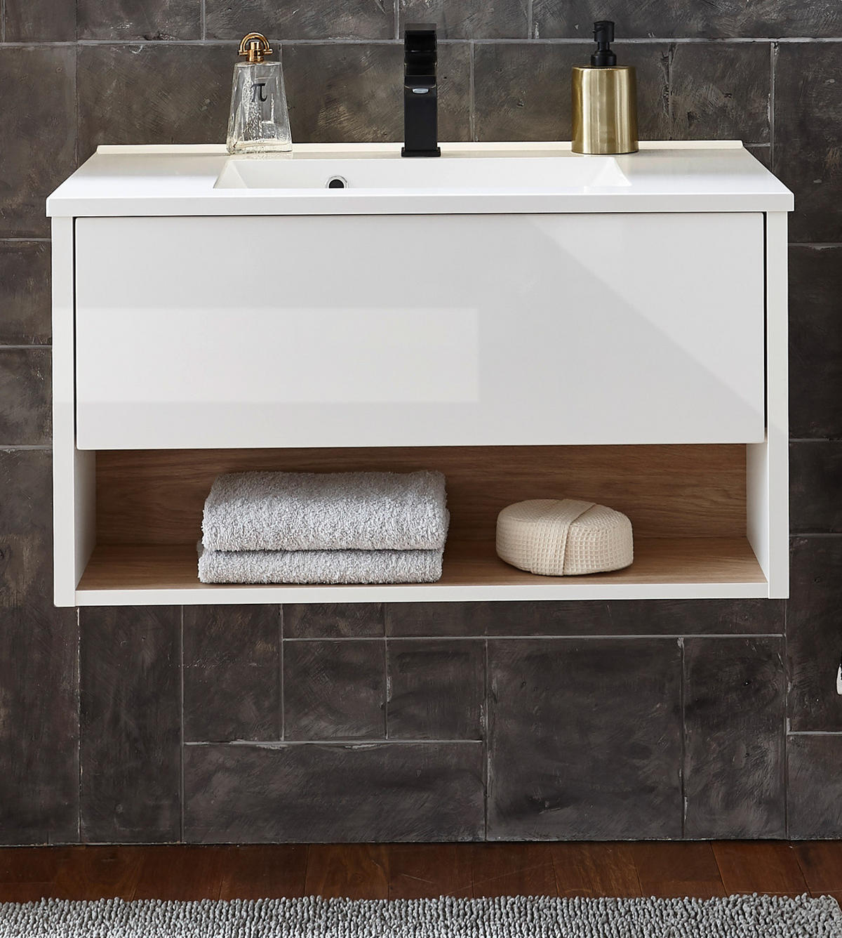 WASCHTISCH weiß Hochglanz, Eiche 80 cm, Waschbeckenunterschrank mit Waschbecken - Weiß Hochglanz, Holzwerkstoff (80/44/47cm) - Furn.Design