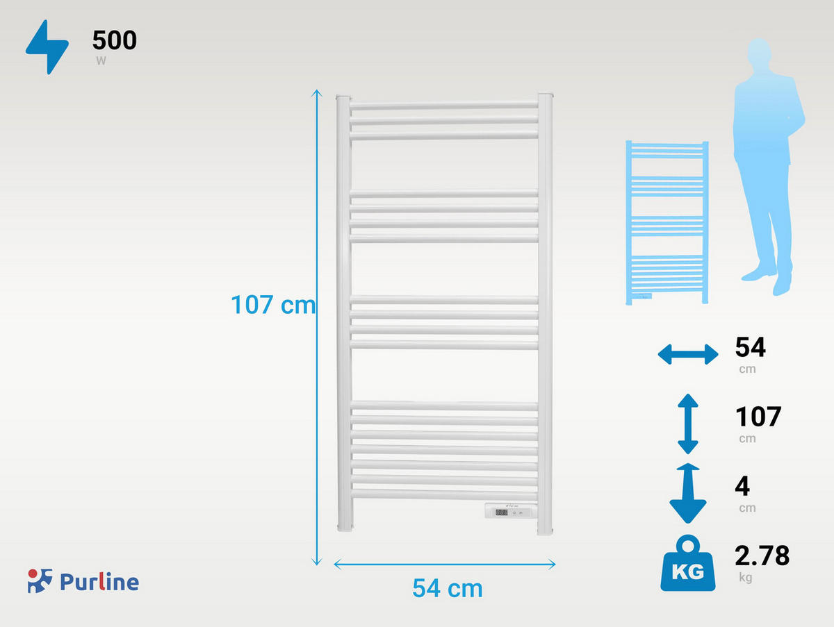 HANDTUCHTROCKNER Weiß mit Elektrosystem und Wandhalterung 500 W - Weiß, Metall (54/107/4cm) - Purline