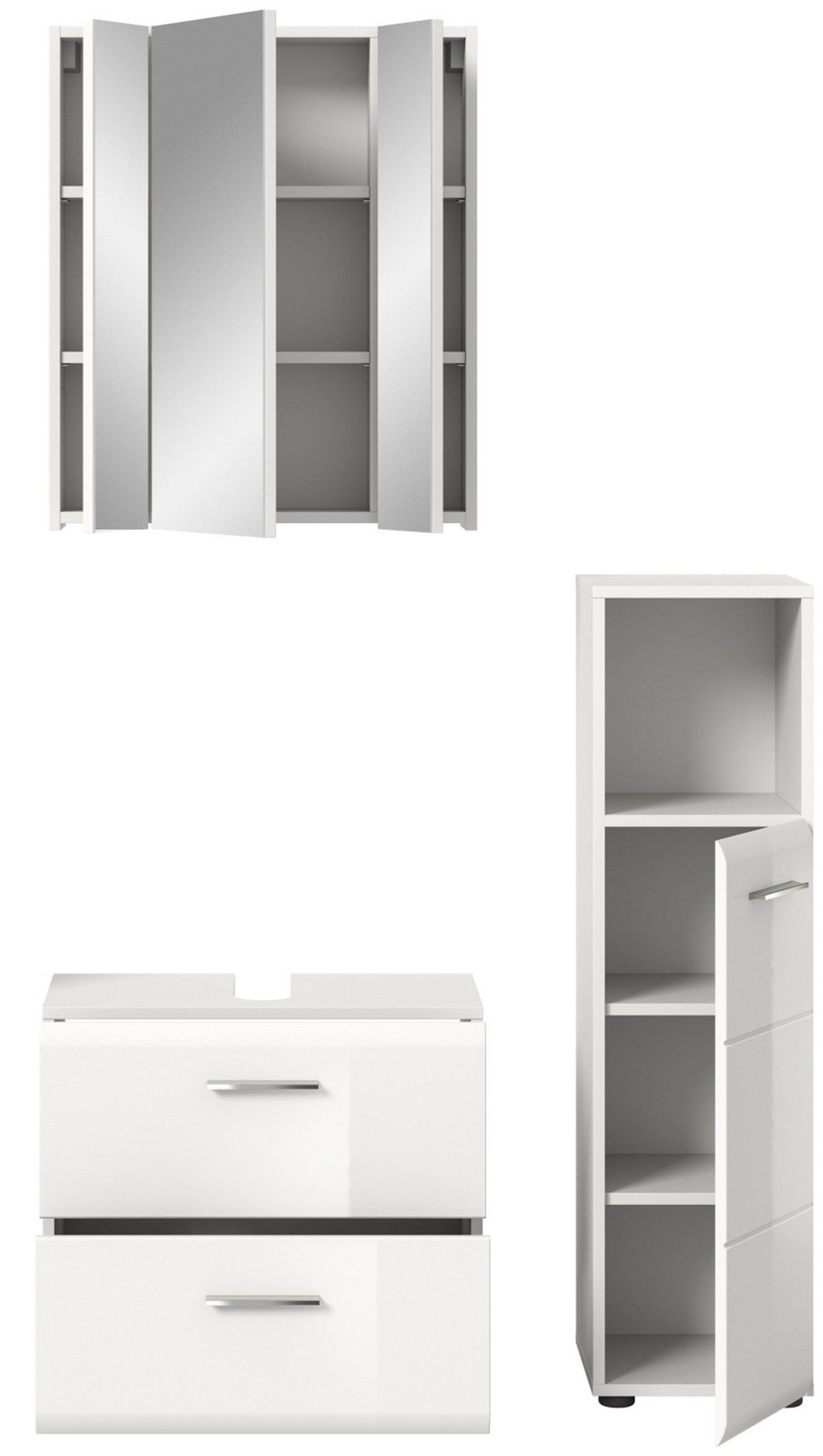 BADMÖBEL-SET 3-teilig weiß Hochglanz, Badkombination mit Spiegelschrank - Weiß Hochglanz/Silberfarben, Glas/Holzwerkstoff (105/185/30cm) - Inn.Furn