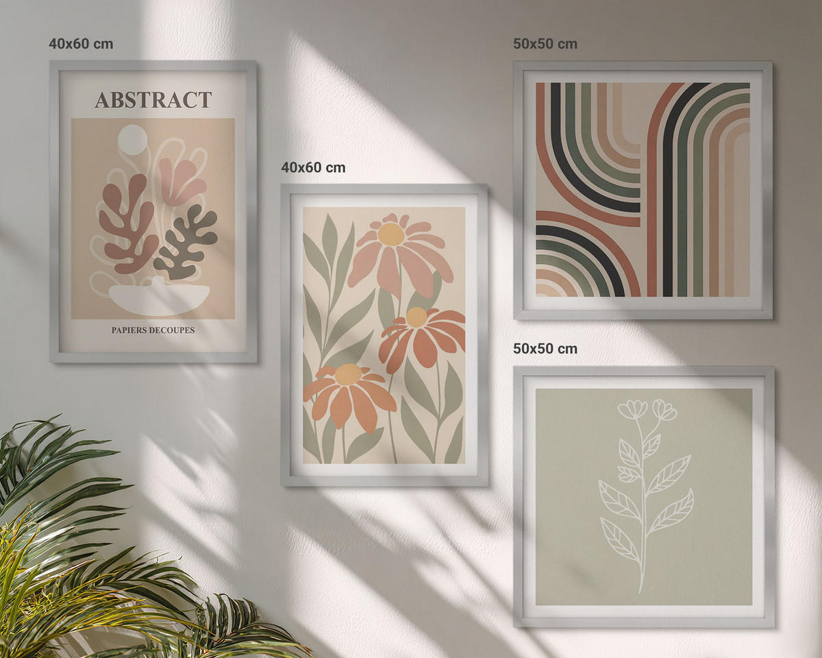 WANDBILDER 4er Set - 50x50 cm & 40x60 cm Silberner Rahmen - Abstrakte Pastellpflanzen - Silberfarben, Kunststoff (50/50cm) - ArtPrintCave