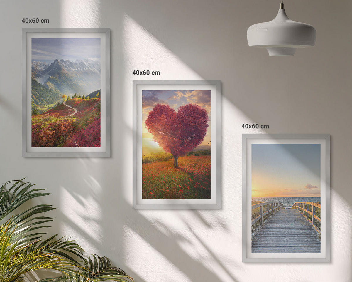 WANDBILDER 3er Set - 40x60 cm Silberner Rahmen - Landschaften Berge Baum Herz Pier - Silberfarben, Kunststoff (40/60cm) - ArtPrintCave
