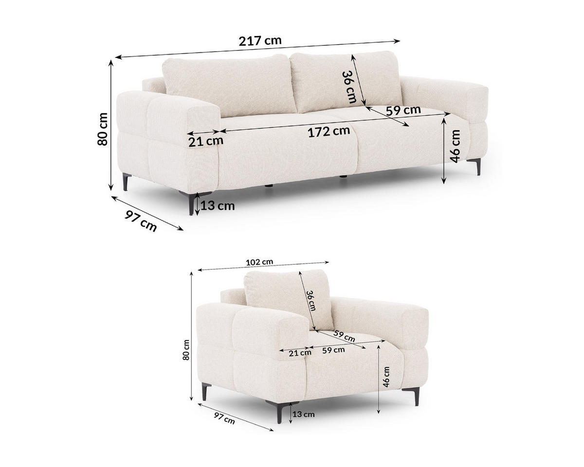 SITZGARNITUR 3+1 Cardea in Bubble-Optik aus weichem Creme Strukturstoff mit hohem Sitzkomfort - Creme/Schwarz, Holz/Textil (217/80/97cm) - S-Style Möbel