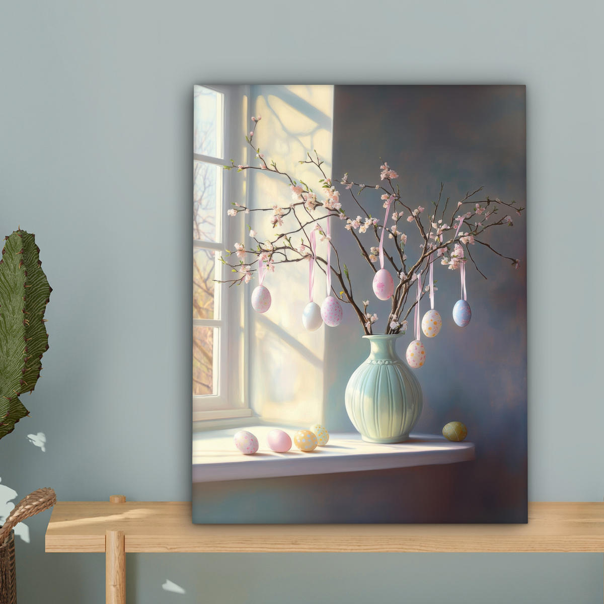 LEINWANDBILD Stillleben - Vase - Osterzweig Room Decor 30x40 cm - Hellblau, Textil (30/40cm) - MuchoWow