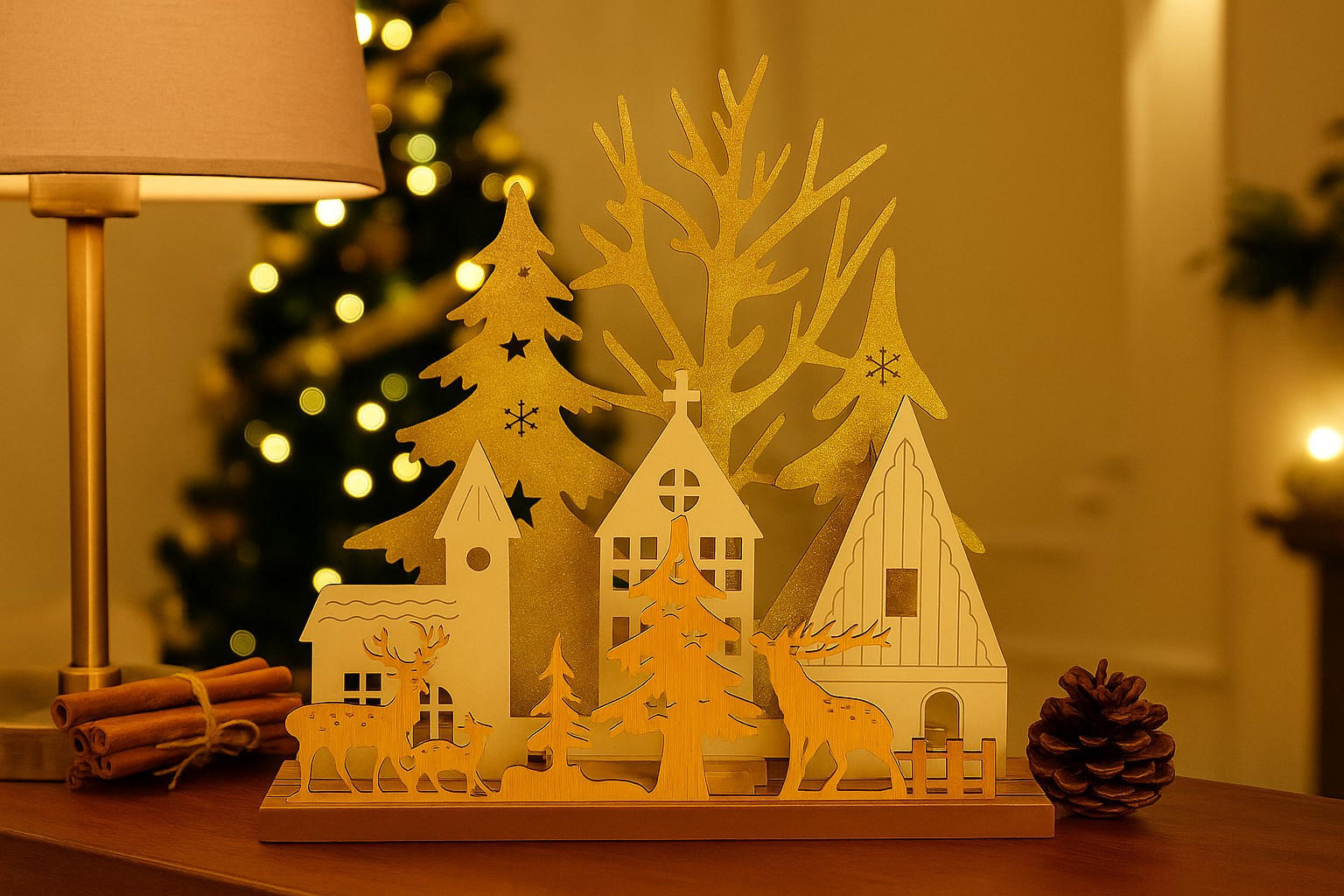 LED-TISCHLAMPE Weihnachten 20 cm - Beige, Holz (19/4.5/20cm) - Home Styling Collection