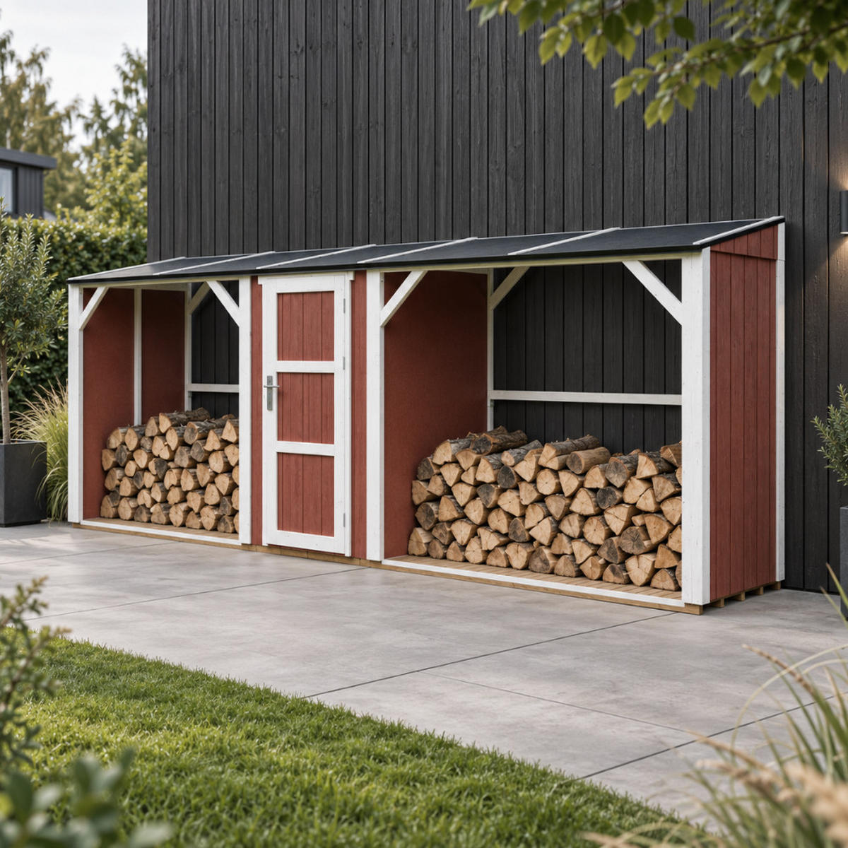 TIMBELA M986-REDWOOD RED Dvojitý Prístrešok na Drevo s Úložným Priestorom 6,49 m², dve zóny na palivové drevo s celkovou kapacitou ~8,8 m³ - červená, drevo (118/220/550cm) - Timbela