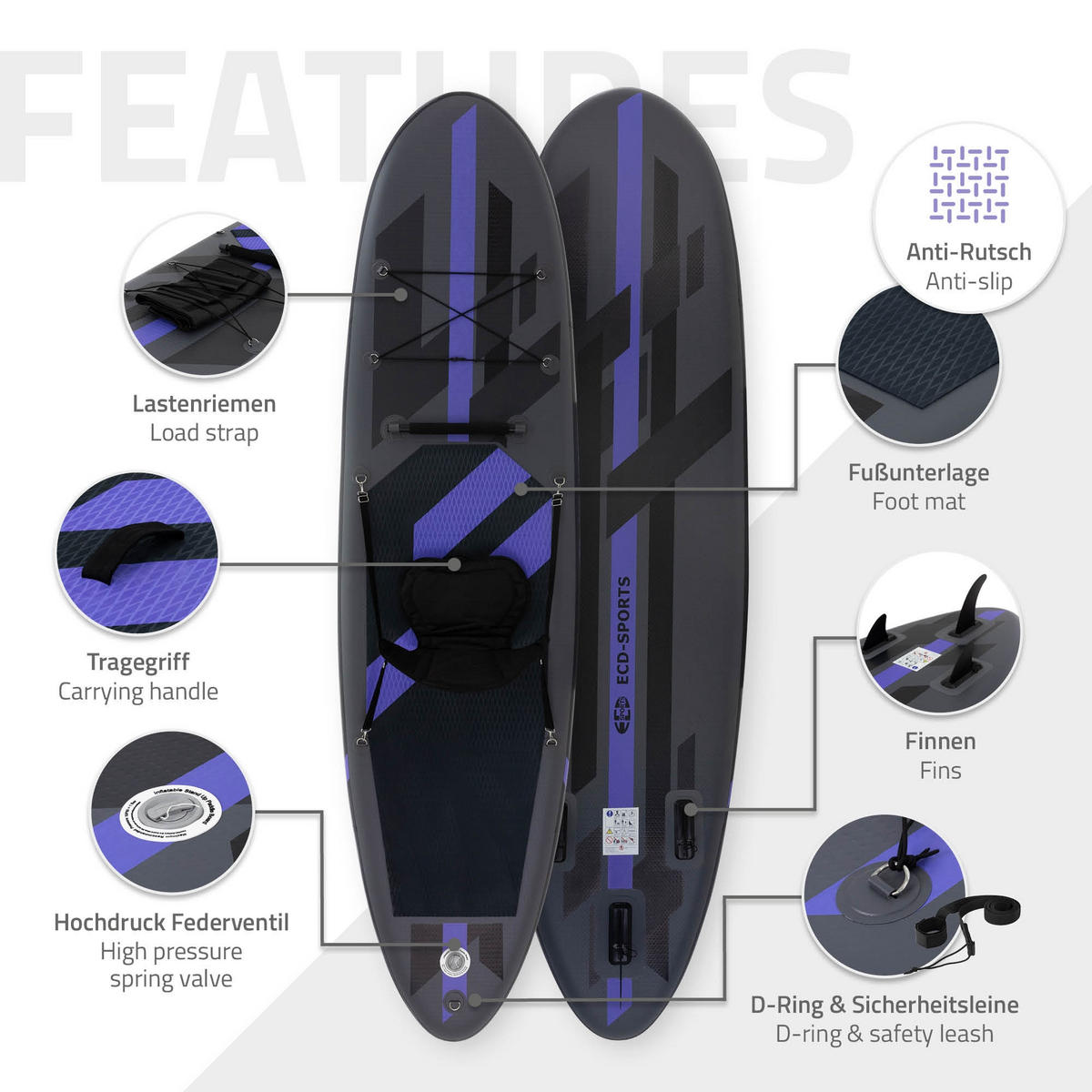 STAND UP PADDLE BOARD Kajak Schwarz - Schwarz, Kunststoff (320/82/15cm) - ECD-Germany