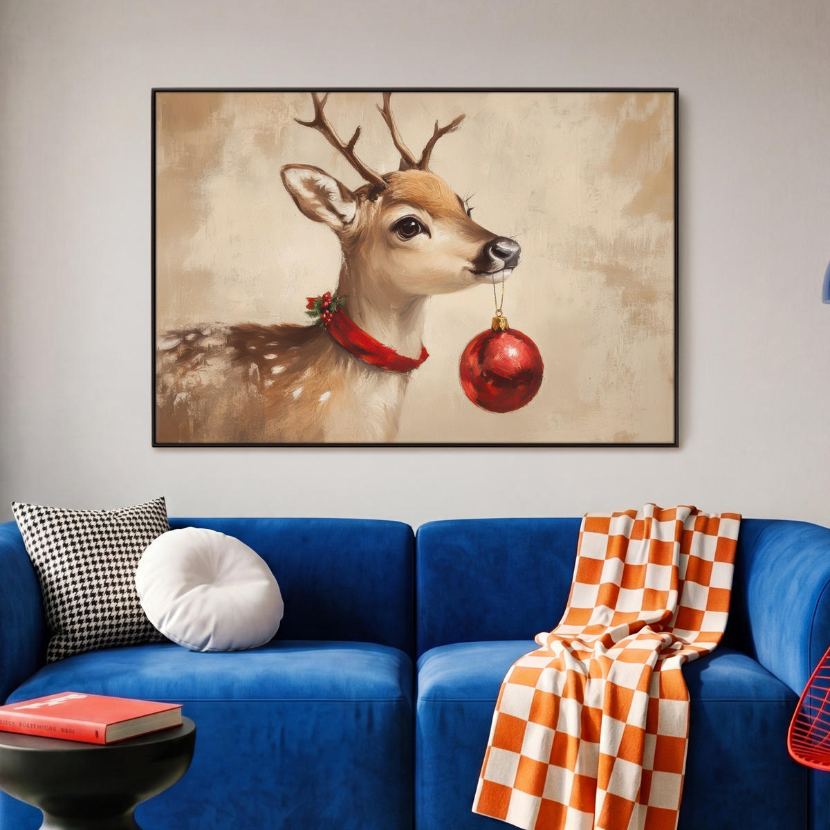LEINWAND Bilder mit Rahmen - Weihnachten - Hirsch - Geweih - Weihnachtskugel - Rentier - 90x60 - Hellbraun, Textil (90/60cm) - MuchoWow