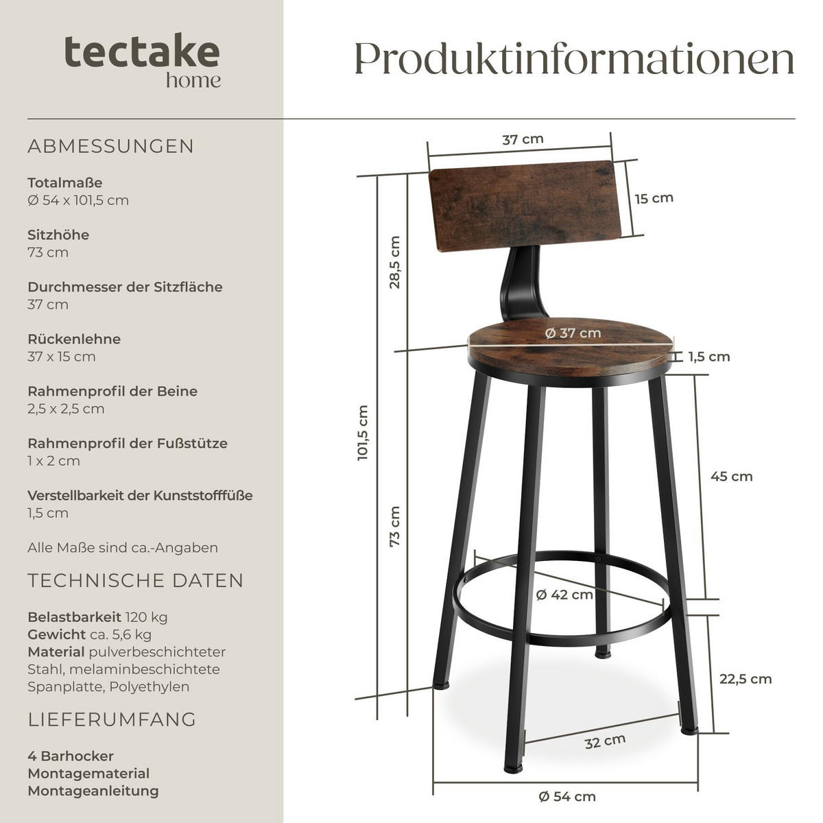 SET BARHOCKER Poole, Sitzhöhe 73 cm, Industrial Holz dunkel, rustikal - Rostfarben, Holzwerkstoff/Textil (54/101.5/54cm) - tectake