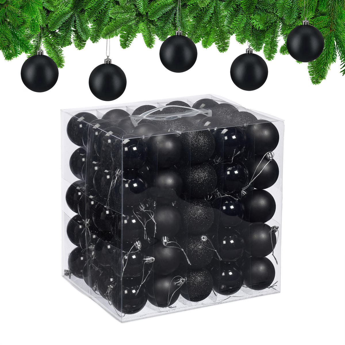 100XWEIHNACHTSKUGELN - Schwarz, Kunststoff (6/7/6cm) - Relaxdays