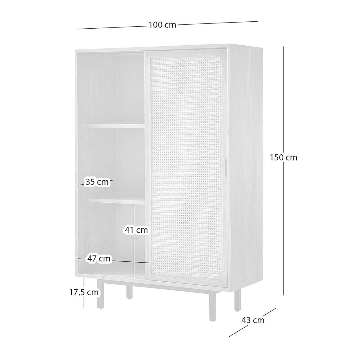HIGHBOARD - Mango massiv / Wiener Geflecht - Beige/Schwarz, Naturmaterialen/Metall (100/150/43cm) - home24