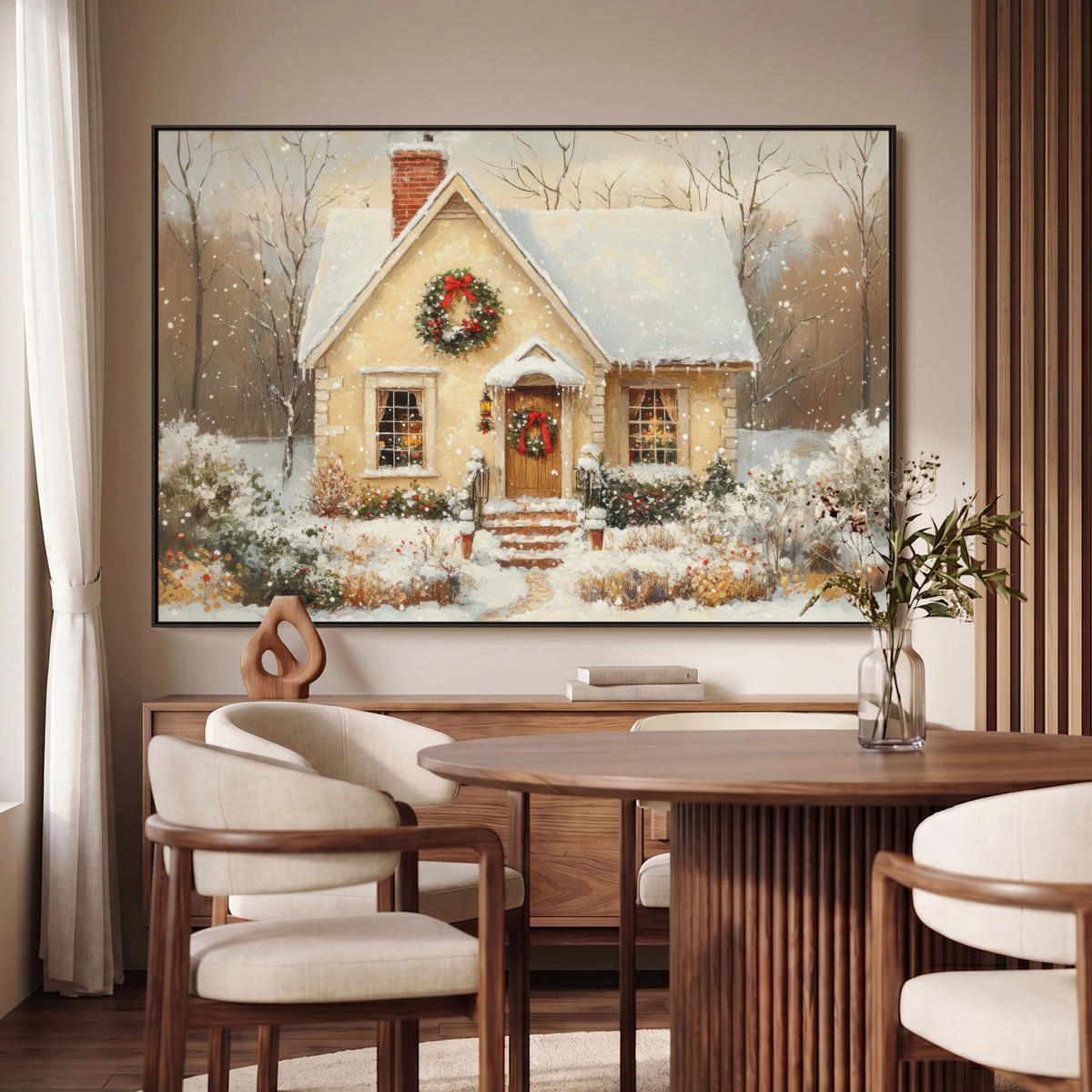 LEINWAND Bilder mit Rahmen - Weihnachten - Zuhause - Winter - Schnee - 140x90 - Creme, Textil (140/90cm) - MuchoWow