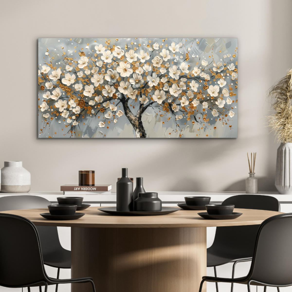 KOVOVÝ OBRAZ Strom - Kvety - Biela - Príroda - Umenie 80x40 cm - biela, kov (80/40cm) - MuchoWow
