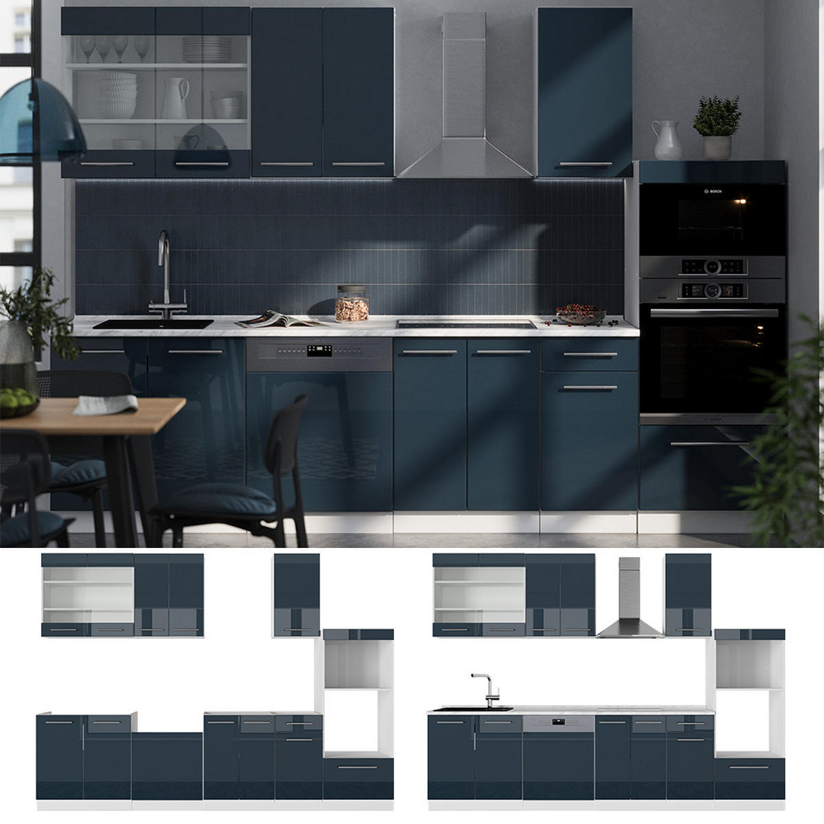 KÜCHENZEILE Fame-Line Dunkelblau Hochglanz/Weiß 300 cm AP Marmor - Dunkelblau/Weiß, Holzwerkstoff (300/81.6/60cm) - Vicco