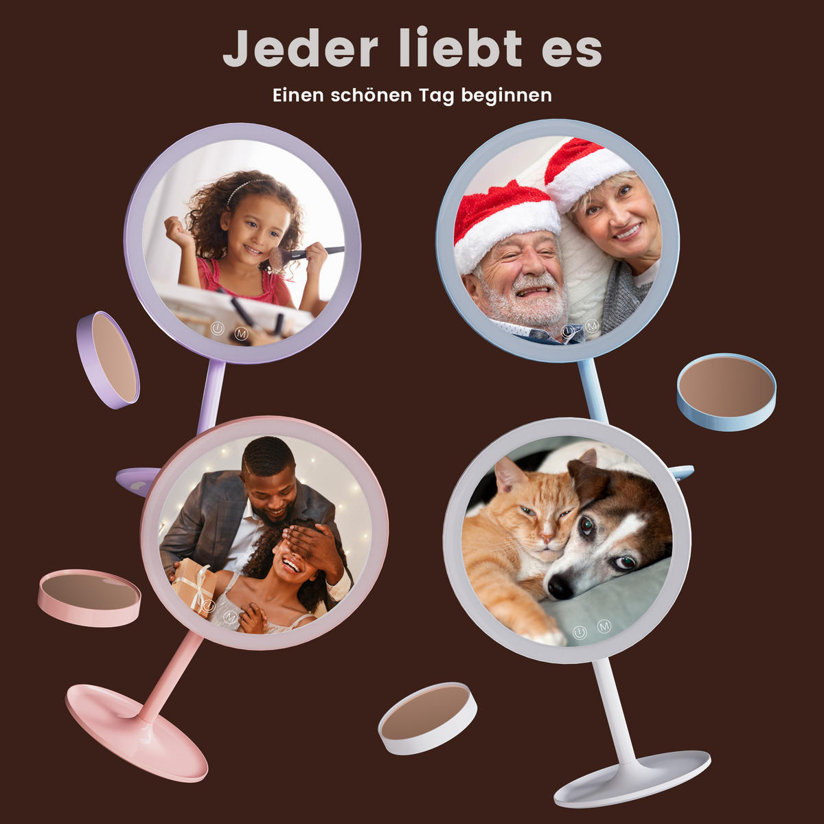 KOSMETIKSPIEGEL mit Licht mit Abnehmbare Saugnapfes, Hellblau, φ20 cm - Blau, Glas (20/35/20cm) - EMKE