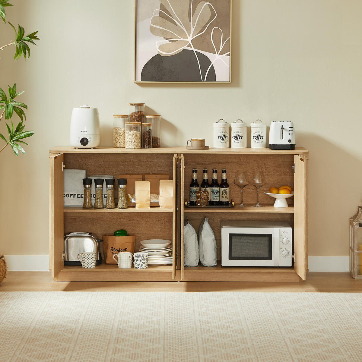 SIDEBOARD 160/40/80 cm in Eiche-Optik mit 4 Türen & wellenförmiger Front - Eichefarben, Holzwerkstoff (160/80/40cm) - BEAOK