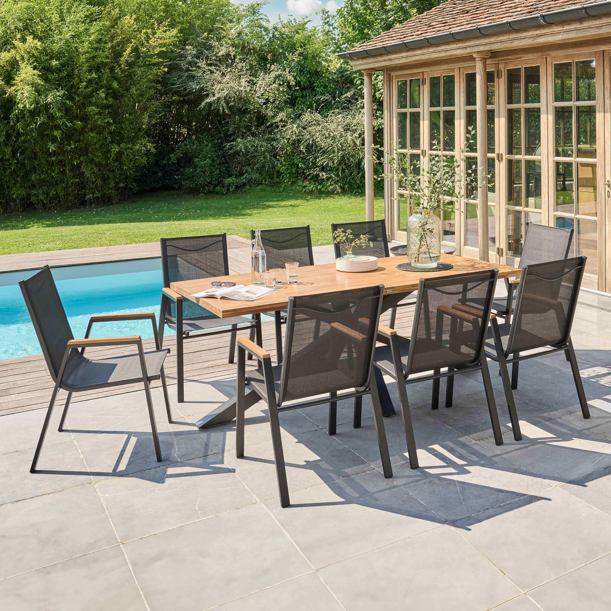 GARTENTISCH , Holz und Grau - Eichefarben/Grau, Holz/Metall (200/95/75cm) - Oviala