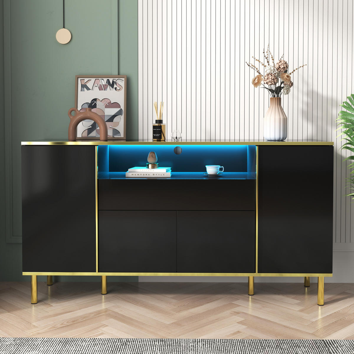 SIDEBOARD in Hochglanz Schwarz mit goldenen Akzenten, 4 Türen, 1 Schublade und LED-Beleuchtung, 150/40/80 cm, Schwarz - Schwarz, Holzwerkstoff (150/80/40cm) - Redom