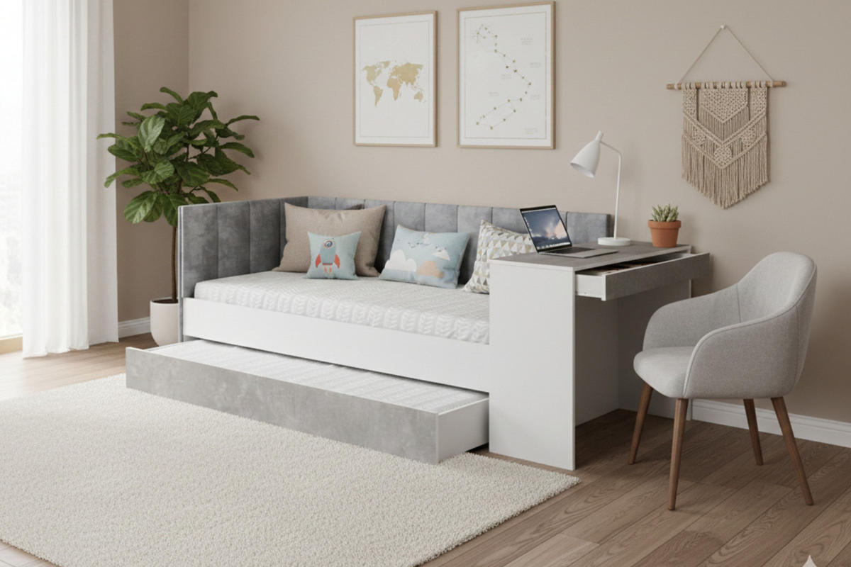 JUGENDBETT FABIAN 90/200 cm in Weiß/Beton links - Weiß/Grau, Holzwerkstoff/Textil (90/200cm) - Deine Möbel 24