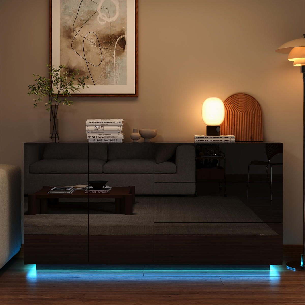 SIDEBOARD 160x35x76 cm, LED, 2 Türen, für Küche und Wohnraum, Schwarz - Schwarz, Holz (160/76/35cm)