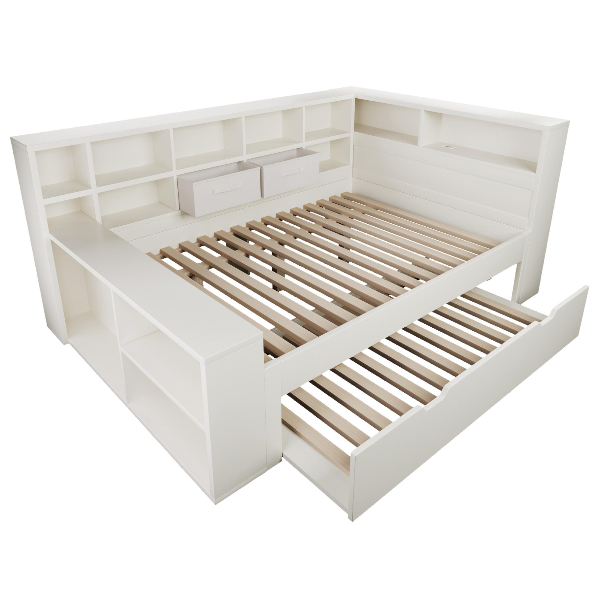 JUGENDBETT Stauraumbett 140/200 cm aus Kiefernholz und Spanplatte mit Ausziehbett und USB-Ladeanschlüssen Weiß - Weiß, Holz (140/200cm) - Modenvie