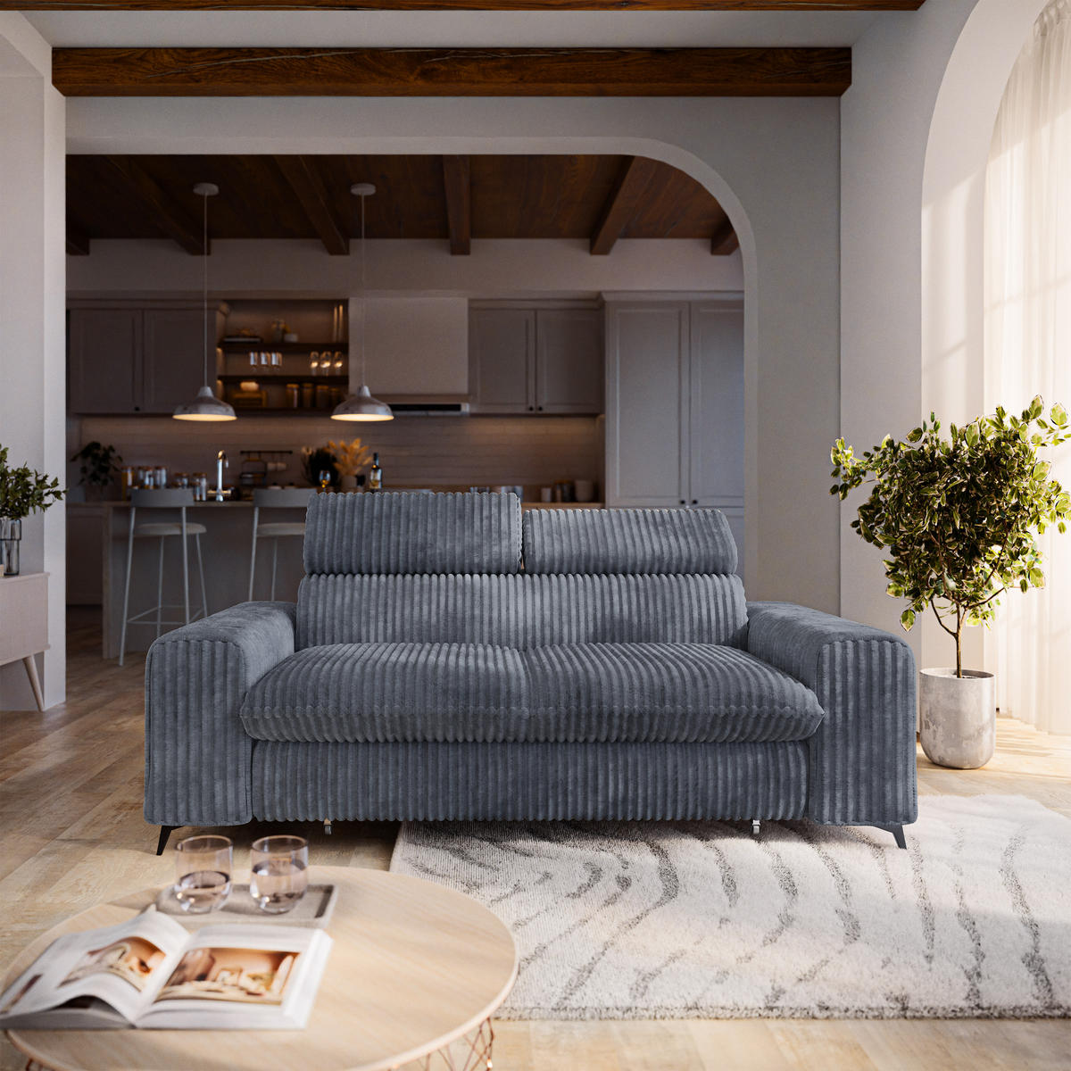BETTSOFA BENETE Grau Cordstoff mit Schlaffunktion - Grau, Holz/Textil (191/89/92cm) - MASSENO