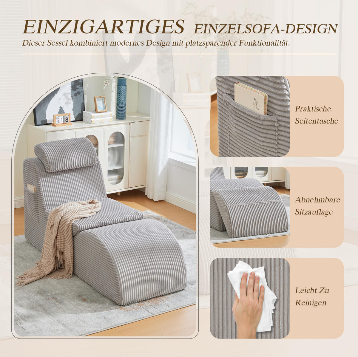 SESSEL ergonomisch 160 x 66 x 90 cm Corduroy Light Gray - Hellgrau, Kunststoff (66/90/160cm) - Beauniv