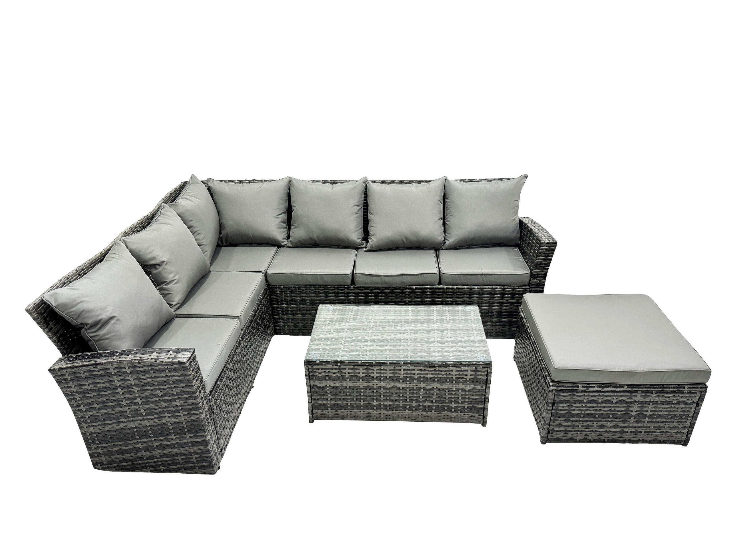 LOUNGESOFA-SET Polyrattan Dunkelgrau 5-Sitzer - Dunkelgrau/Grau, Glas/Kunststoff - Fimous