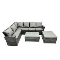 LOUNGESOFA-SET Polyrattan Dunkelgrau 5-Sitzer - Dunkelgrau/Grau, Glas/Kunststoff - Fimous