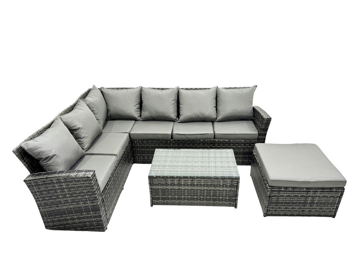 LOUNGESOFA-SET Polyrattan Dunkelgrau 5-Sitzer - Dunkelgrau/Grau, Glas/Kunststoff - Fimous