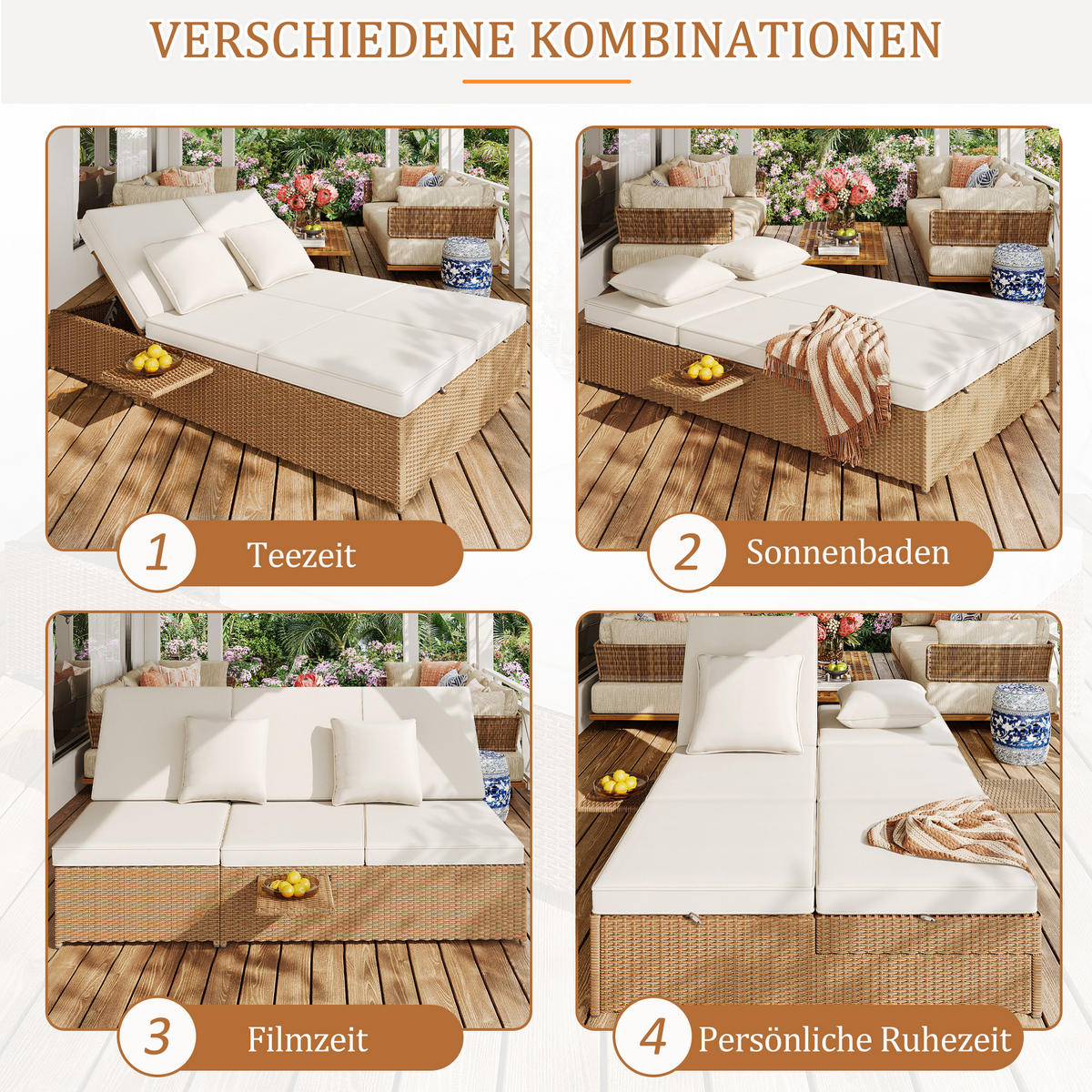 DOPPEL-SONNENLIEGE 199 cm Polyrattan Natur Gartenliege für 2 Personen mit verstellbarer Rückenlehne & Polster - Weiß, Metall (199/37/120cm) - Urban Meuble