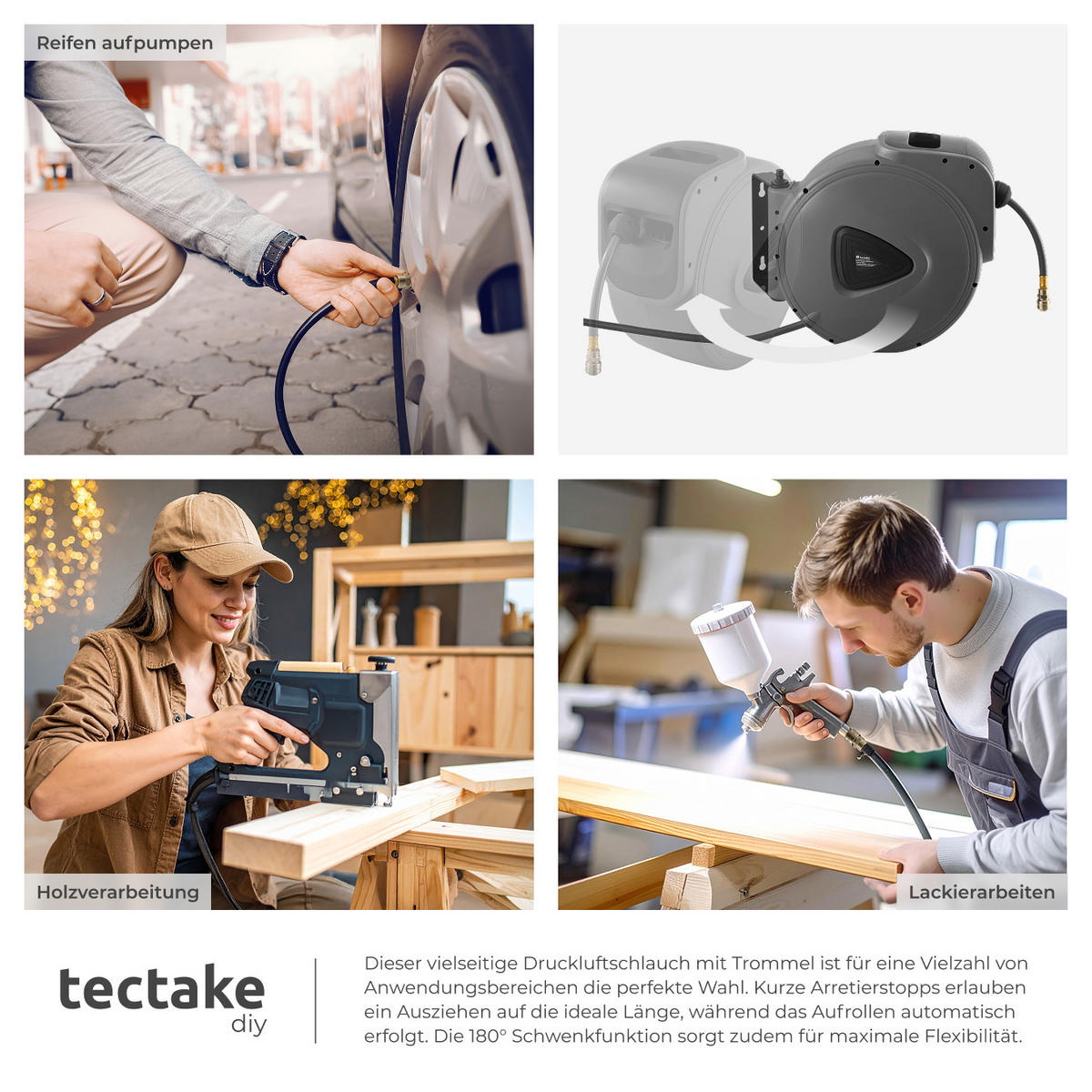 DRUCKLUFTSCHLAUCH mit Trommel, inklusive Montagematerial,grau - Grau, Textil (23/41/62cm) - tectake