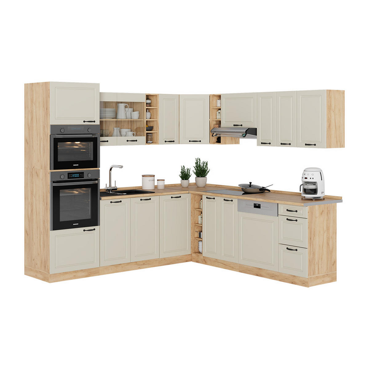 ECKKÜCHE R-Line, Sand Landhaus/Goldkraft Eiche, 247 x 237 cm - Honigeiche/Beige, Holzwerkstoff (247/206.8/60cm) - Vicco