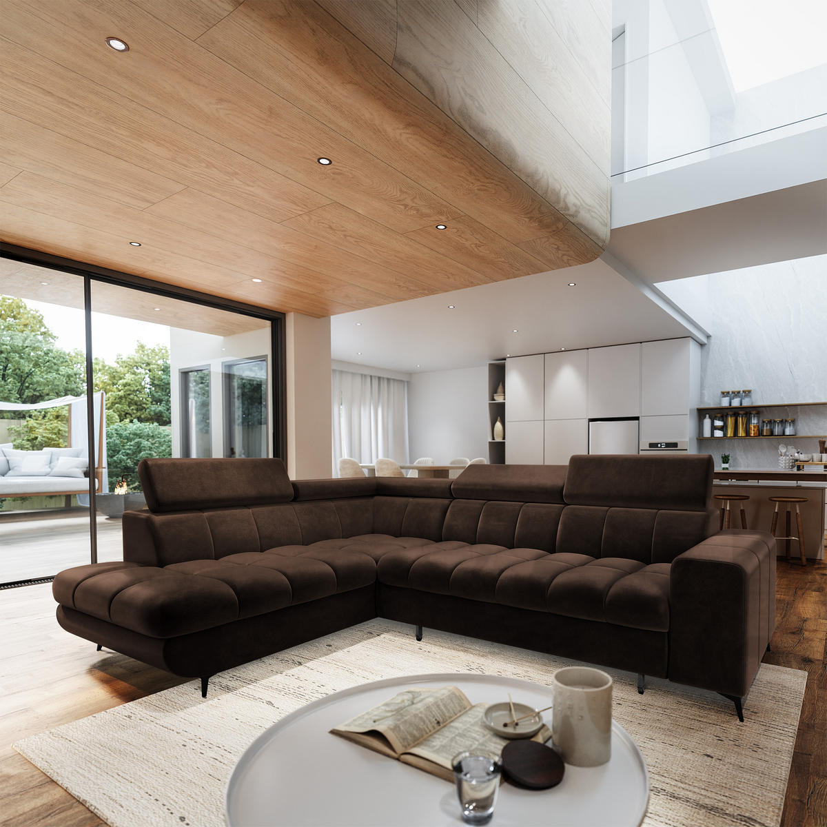 ECKSOFA MORIVA L-S Braun Velours-Stoff mit Schlaffunktion - Braun, Holz (253/190cm) - MASSENO