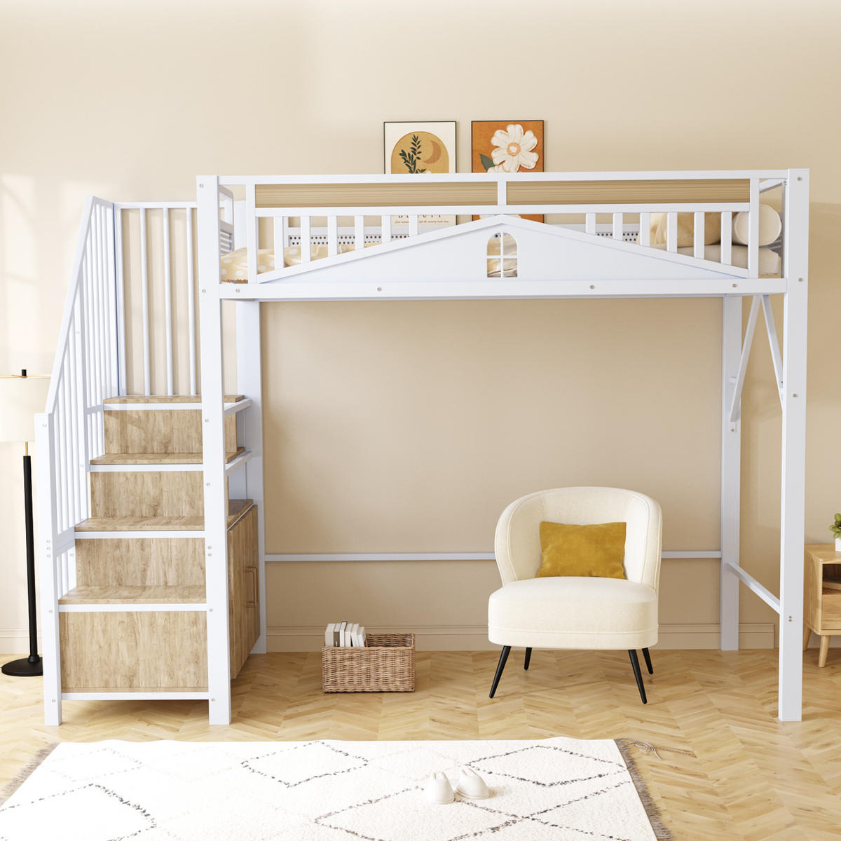 HOCHBETT 90/200 cm aus Metall und Holzwerkstoff mit Stauraumtreppe, Sicherheitszaun und Fensterdesign, Weiß - Weiß, Metall (90/200cm) - Redom