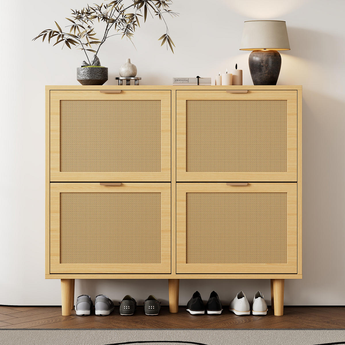 SCHUHSCHRANK mit 4 Klappen 100 x 25 x 90 cm Light Oak - Braun, Holz (25/90/100cm) - Beauniv
