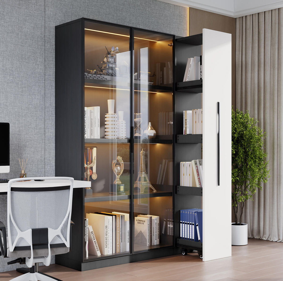 VITRINENSCHRANK aus MDF und Glas 110,5x35x160 cm Schwarz/Weiß mit LED und seitlichem Auszug - Schwarz, Holzwerkstoff (110.5/160/35cm) - IVMEU