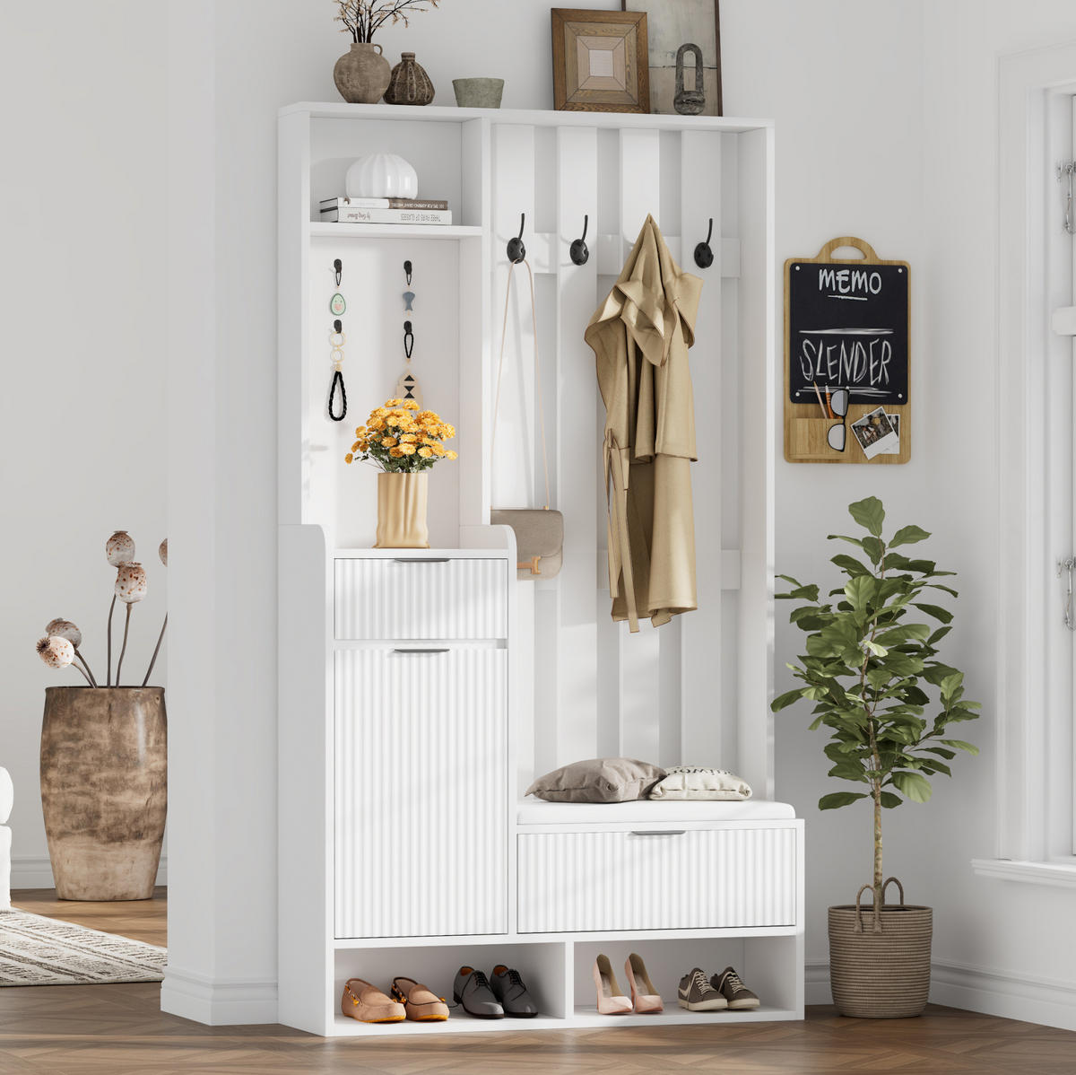 GARDEROBENKOMBINATION 100/30/180 cm aus Spanplatte mit Sitzbank, Schubladen und Kippschutz Weiß - Weiß, Holzwerkstoff (100/180/30cm) - Modenvie